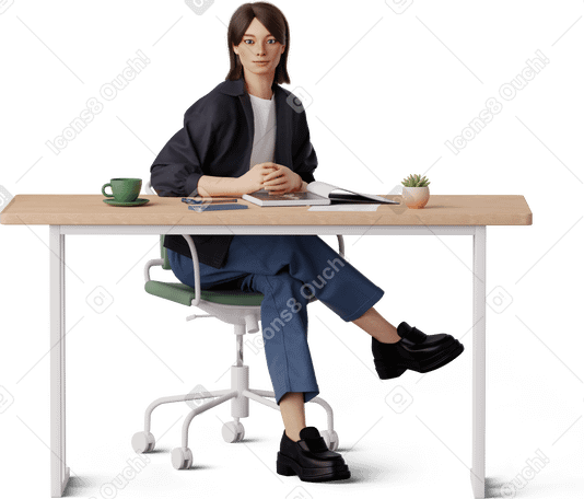 3D Mujer joven sentada en la mesa PNG, SVG