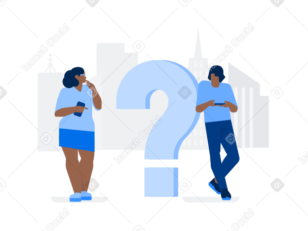 Woman and man in the city are standing next to question mark PNG, SVG