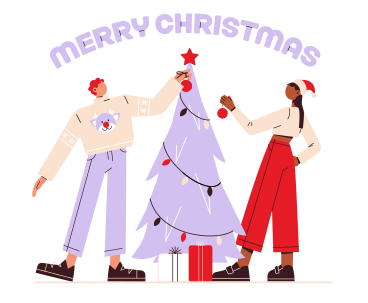 Lettering Merry Christmas with people decorating the Christmas tree text PNG, SVG