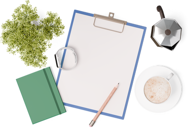 Top view of clipboard, plant, notebook and cup of coffee PNG, SVG