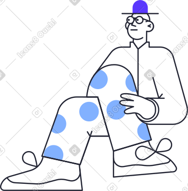 Seated man wearing glasses and blue hat PNG, SVG