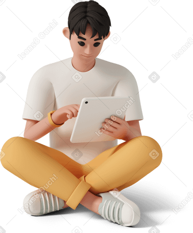 3D man working on tablet and sitting on floor PNG, SVG