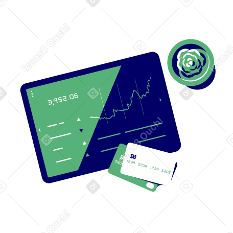 Tablet with screenshot of financial statistics, office plant top view and two bank cards Illustration in PNG, SVG