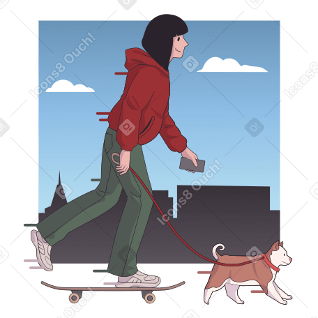彼女の子犬を歩くスケートボードの女性 のpngとsvgでのイラスト