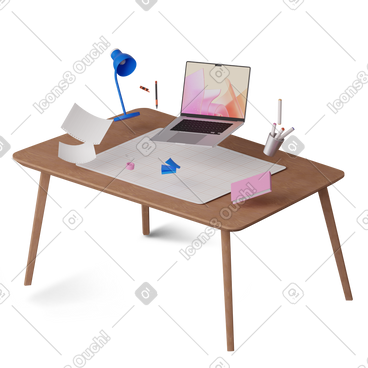 Isometric view of levitating office desk with laptop and documents动态插图，格式有GIF、Lottie (JSON)、AE