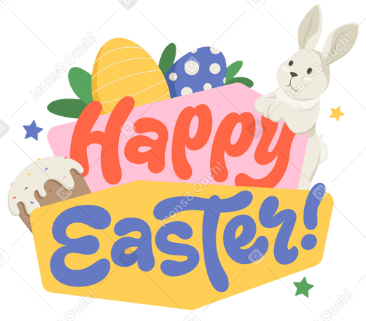 Lettering Happy Easter with eggs and toy bunny text PNG, SVG