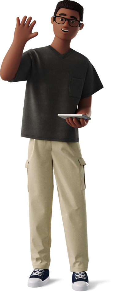 young man standing with a phone and waving his hand PNG, SVG