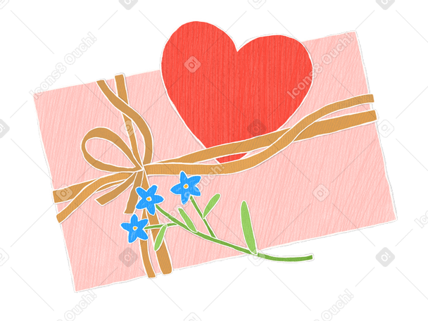Pink gift box with heart-shaped card and flowers for valentine's day Illustration in PNG, SVG