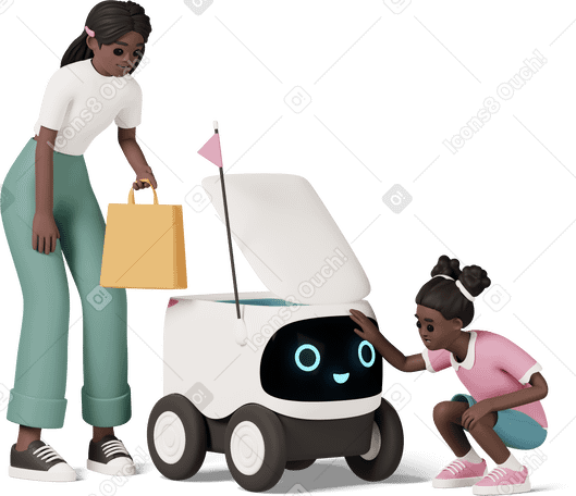 3D two girls with delivery robot PNG, SVG