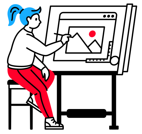 Girl sitting on a high stool draws an image on a drawing board Illustration in PNG, SVG