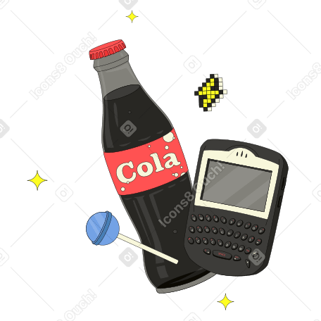 Ретро-телефон blackberry с леденцом и колой в PNG, SVG