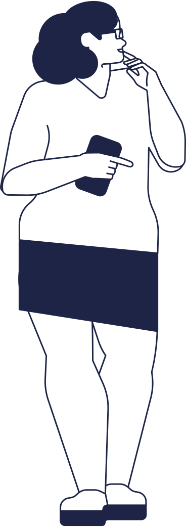 woman stands holding smartphone and thinks PNG, SVG