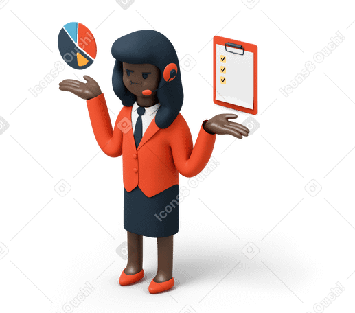 3D Woman showing project statistics and clipboard with checklist PNG, SVG