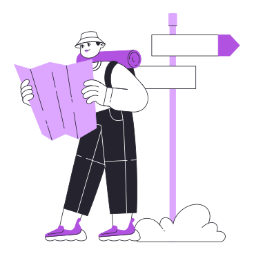 Ilustración animada de Hombre viajero mirando el mapa cerca del poste indicador en GIF, Lottie (JSON), AE