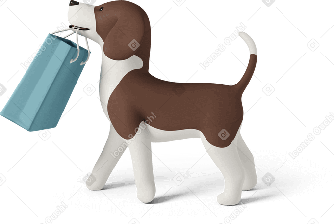 3D dog walking with grocery bag Illustration in PNG, SVG