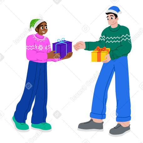 Друзья дарят друг другу рождественские подарки в PNG, SVG