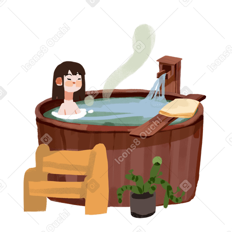 Happy girl takes spa treatments in a wooden barrel Illustration in PNG, SVG