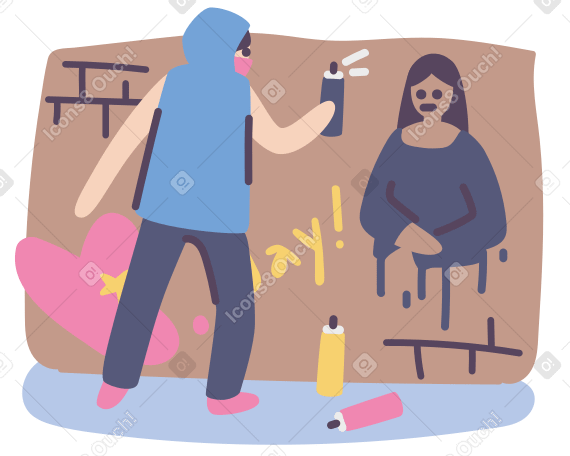 Man in a mask and a hood spraying graffiti on a brick wall PNG, SVG