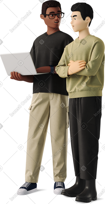 Men with laptop discussing work PNG, SVG