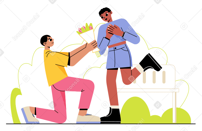 Boy presenting bouquet to a girl PNG, SVG