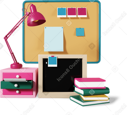 3D office drawer with books, lamp, moodboard and blackboard PNG, SVG