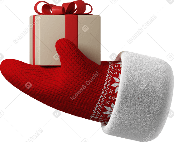 3D Hand in red Christmas mitten holding gift box PNG, SVG