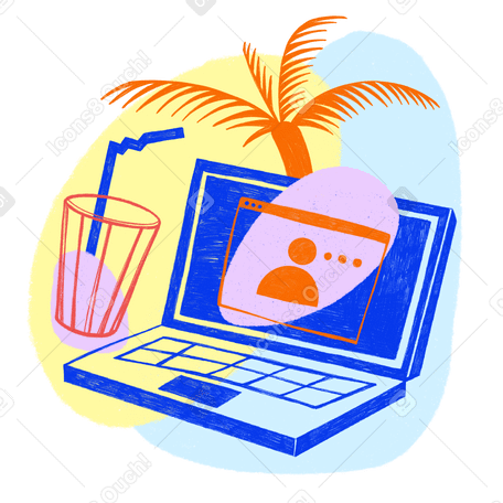 Remote work in warm countries with a glass of cocktail Illustration in PNG, SVG