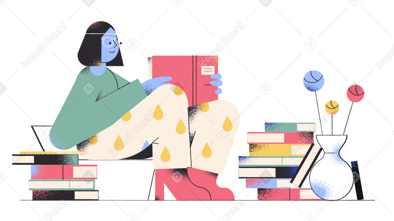Mujer sentada sobre una pila de libros y leyendo PNG, SVG