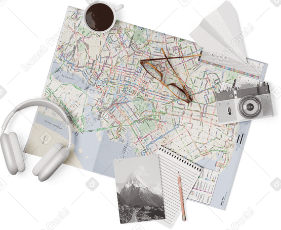 3D Vista superior del mapa, auriculares, postal, taza y vasos. PNG, SVG
