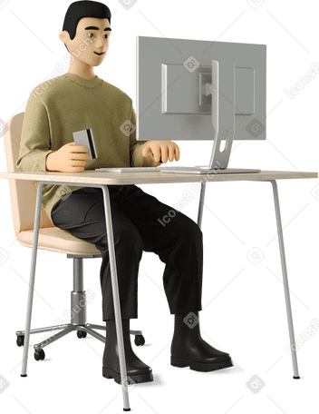 3D guy working on a computer and shopping online Illustration in PNG, SVG