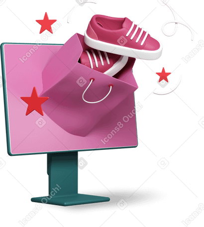 3D online shopping with computer screen, sneakers and shopping bag PNG, SVG