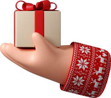 Mano de piel blanca en suéter rojo con patrón navideño sosteniendo caja de regalo PNG, SVG