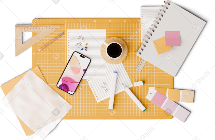 3D Vista dall'alto della scrivania di design con smartphone, pennarelli e tavolozza dei colori PNG, SVG