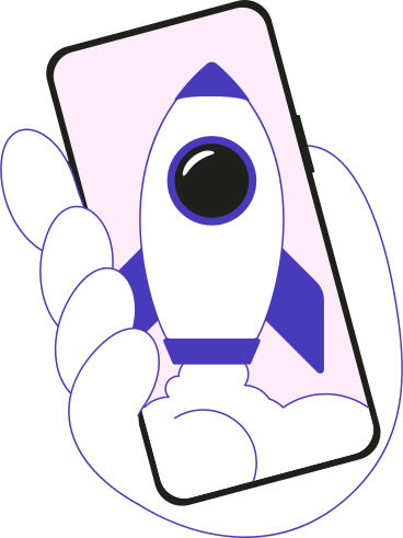 hand holding phone with rocket on the screen PNG, SVG