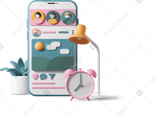 3D Smartphone, lamp, plant and clock Illustration in PNG, SVG