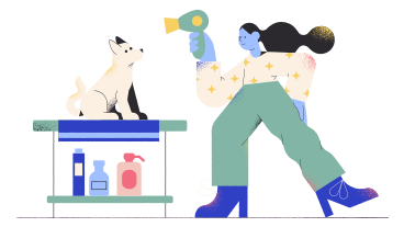 Toiletteur séchant un chien avec un sèche-cheveux PNG, SVG