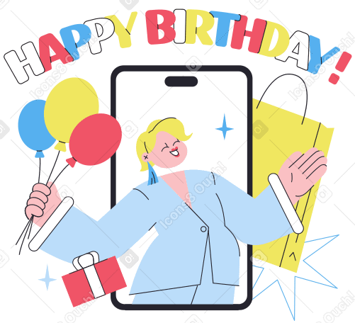 Lettering happy birthday con ragazza nel telefono e testo di regali PNG, SVG