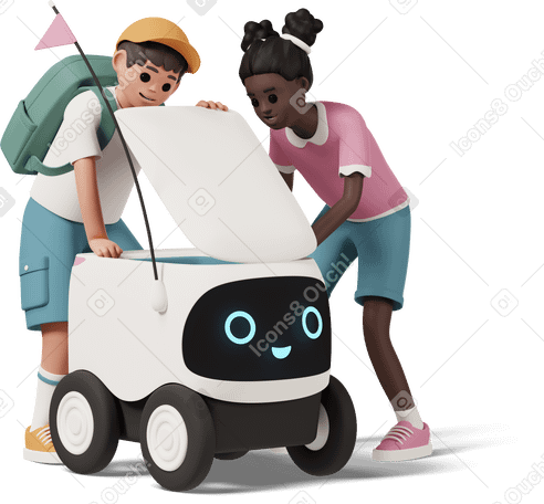 3D delivery robot with boy and girl PNG, SVG