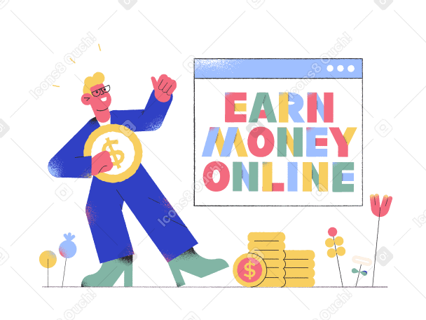コインを持っている男とオンラインでお金を稼ぐレタリング PNG、SVG