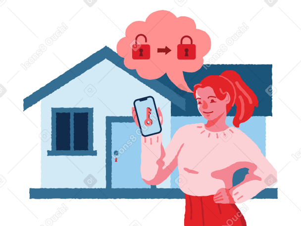 Frau öffnet ihr smart home mit einem telefon PNG, SVG
