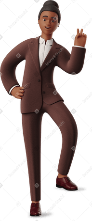 3D black businesswoman leaning with one leg and showing peace sign Illustration in PNG, SVG