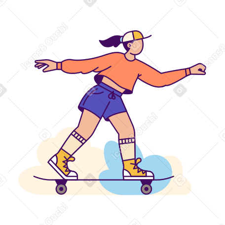 Woman riding a skateboard animated illustration in GIF, Lottie (JSON), AE