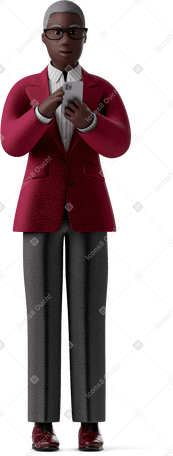 3D old black businesswoman in glasses and suit with phone looking straight Illustration in PNG, SVG