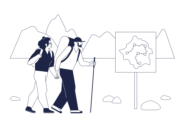 Woman and Man with backpacks on hiking trail against mountain landscape background Illustration in PNG, SVG