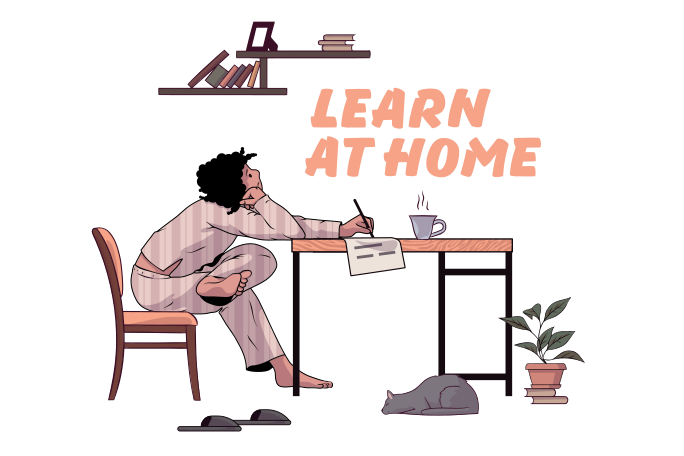 Learn at home text with a student doing homework at home Illustration in PNG, SVG