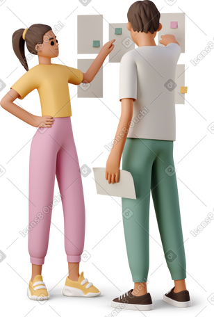 3D boy and girl sticking notes on wall PNG, SVG