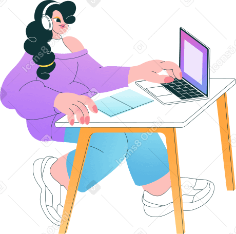 Woman sitting in front of table with laptop and notebook Illustration ...