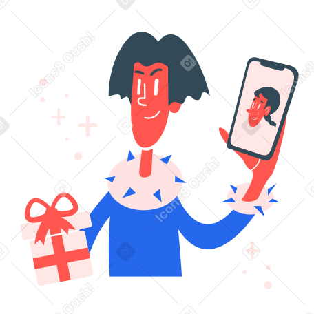 Man showing a gift to girlfriend via video call PNG, SVG