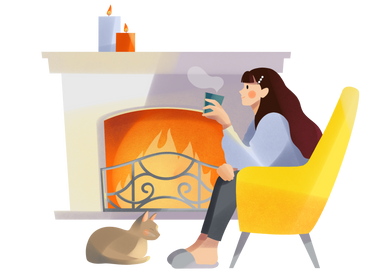 Young woman sitting near the fireplace with a cat PNG, SVG