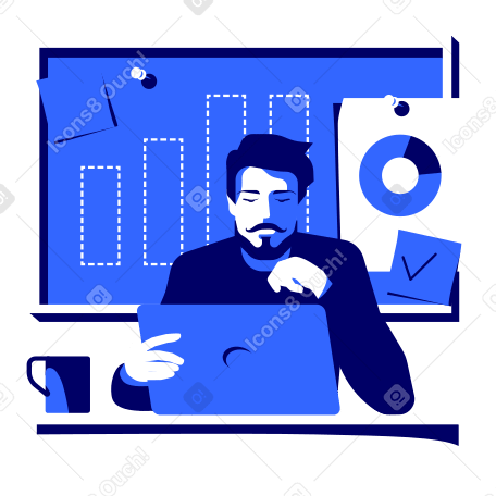 Male marketer working on laptop with analytics board in the background Illustration in PNG, SVG
